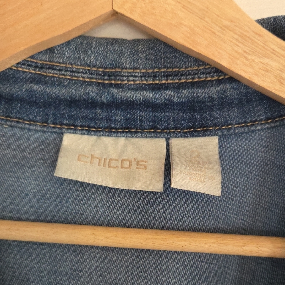 REDUCED 4/29/26 Chico's Medium Blue Denim Jacket with Tan Stitching Size 2.